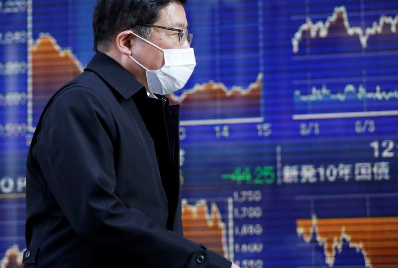 A passerby wearing a protective face mask, following an outbreak of the coronavirus, walks past an electronic board showing the graphs of the recent movements of Japan's Nikkei share average outside a brokerage in Tokyo
