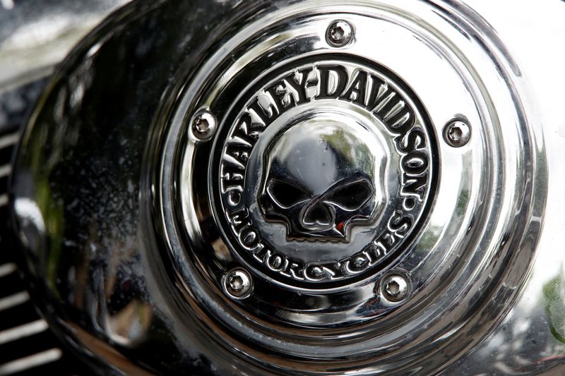 FILE PHOTO: FILE PHOTO: A Harley Davidson logo with a skull is seen on a motorcycle