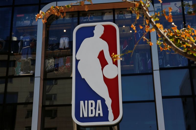 NBA logo is seen on the facade of its flagship store at the Wangfujing shopping street in Beijing