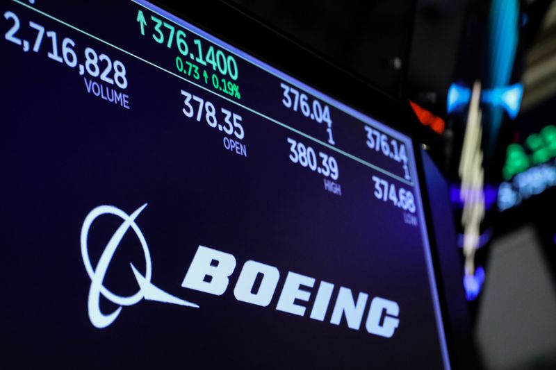 The company logo and trading informations for Boeing is displayed on a screen on the floor of the NYSE in New York