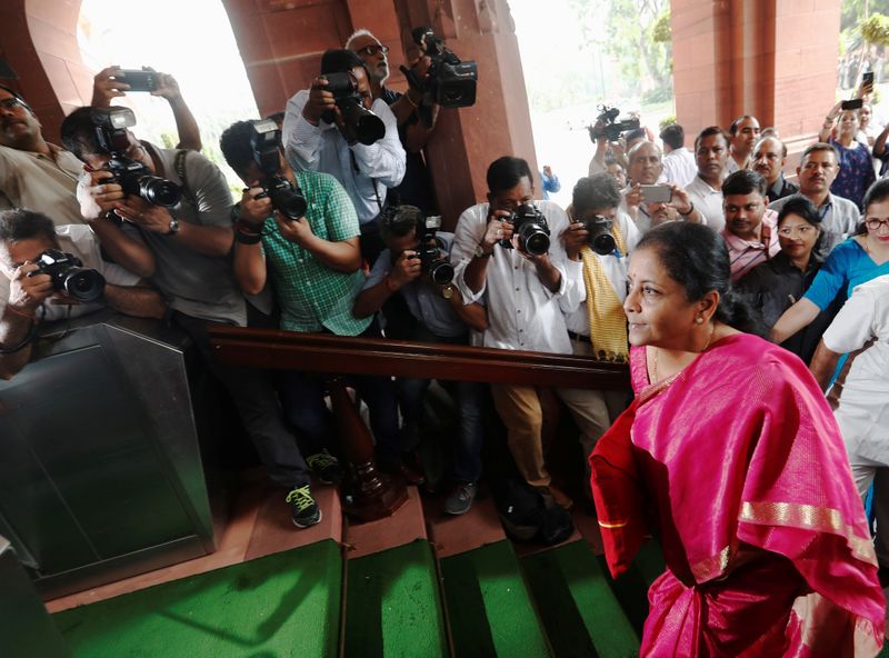 India's Finance Minister Nirmala Sitharaman arrives to present the 2019 budget in Parliament, New Delhi, India