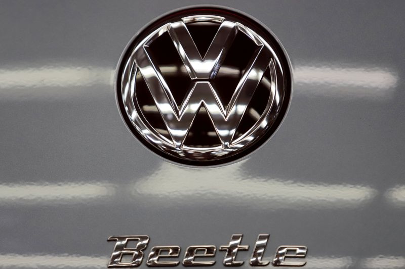 FILE PHOTO: A logo is seen on a Volkswagen Beetle car during a ceremony marking the end of production of VW Beetle cars, at company's assembly plant in Puebla