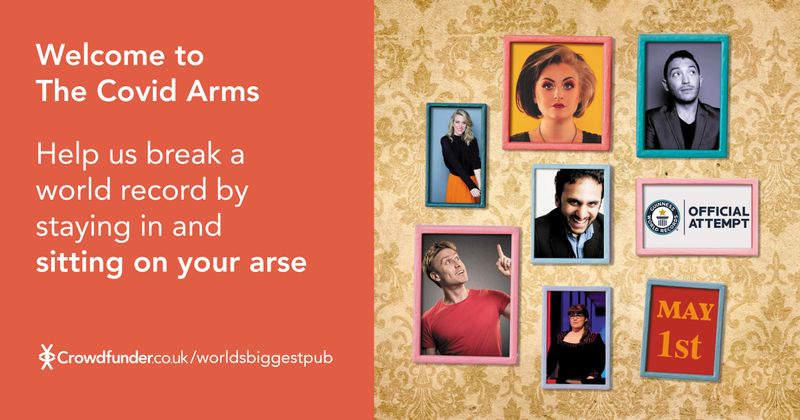 A poster shows slogan and photos of comedian who come together under lockdown to raise money for pubs shut down following the coronavirus disease (COVID-19) outbreak, by hosting an online virtual pub quiz with a plan to set a new world record in London