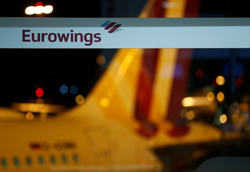 Logo of Eurowings is pictured at the Cologne-Bonn airport during a strike of cabin crew employees of German airline Germanwings
