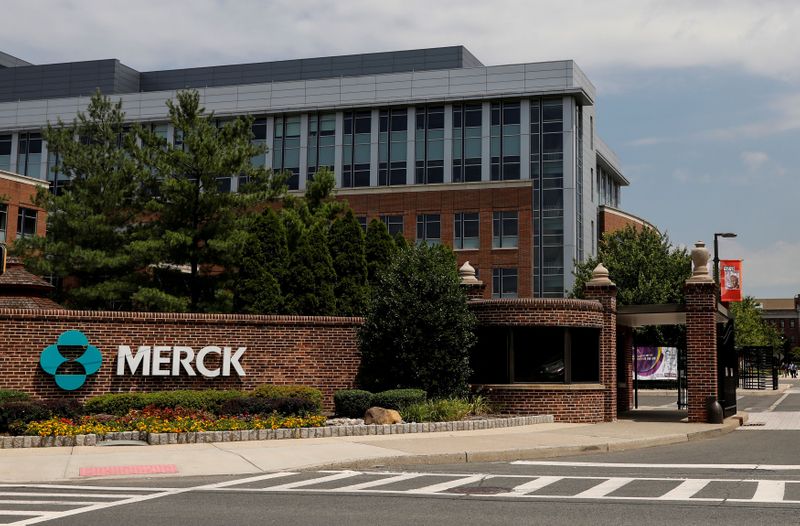 FILE PHOTO: The Merck logo is seen at a gate to the Merck & Co campus in Linden, New Jersey