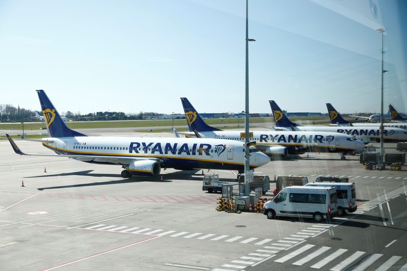 Ryanair aircrafts are parked on the tarmac before the closure of Brussels South Charleroi Airport as airlines have suspended flights to slow down the spread of coronavirus disease (COVID-19), Charleroi