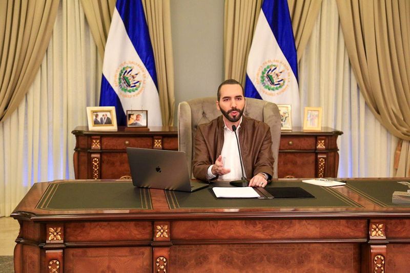 El Salvador's President Nayib Bukele speaks during a televised broadcast from the presidential house in San Salvador