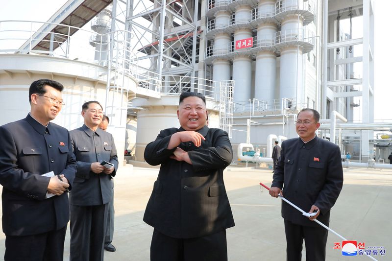 North Korean leader Kim Jong Un attends the completion of a fertiliser plant north of Pyongyang