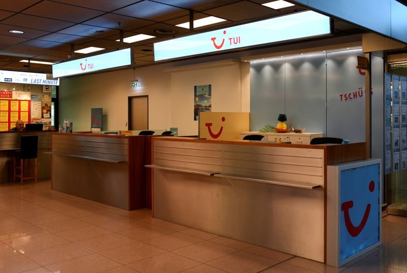 FILE PHOTO: A closed counter of the German travel company TUI is seen at the Helmut-Schmidt-Airport during the outbreak of coronavirus disease (COVID19), in Hamburg