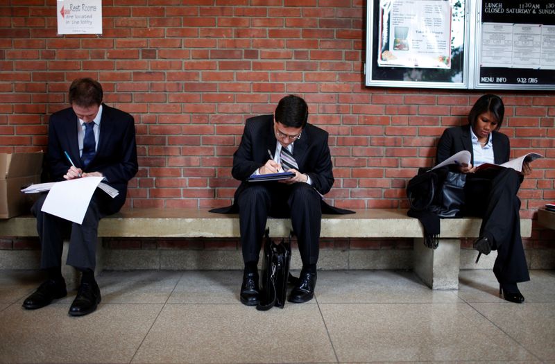 Job seekers prepare for career fair to open at Rutgers University in New Brunswick, New Jersey