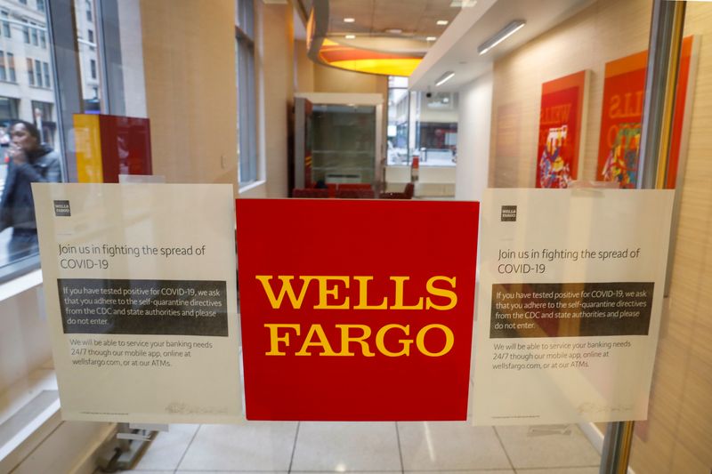 FILE PHOTO: FILE PHOTO: Warning signs for coronavirus disease (COVID-19) are seen on a Wells Fargo bank door in New York