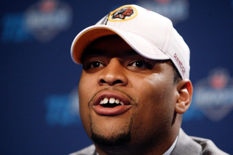 FILE PHOTO: Williams speaks to reporters after being chosen as the fourth overall pick in the 2010 NFL Draft by the Washington Redskins at Radio City Music Hall in New York