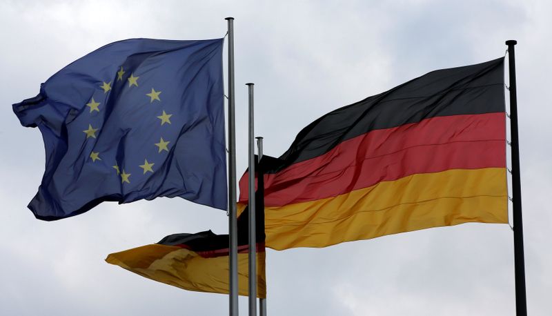 The European Union and German nation flags are pictured before a debate on the consequences of the Brexit vote at the lower house of parliament Bundestag in Berlin