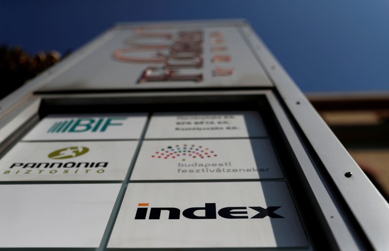The logo of Hungary's main independent website Index is seen on board front of the Index headquarters in Budapest
