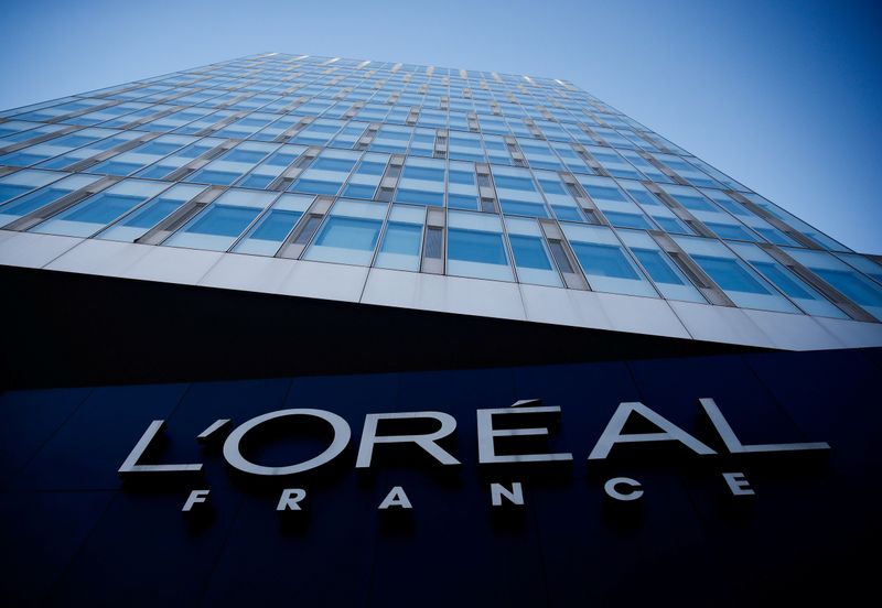 FILE PHOTO: The logo of French cosmetics group L'Oreal in the western Paris suburb of Levallois-Perret