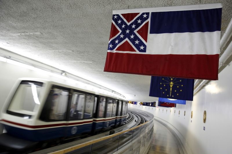 The Mississippi state flag, which incorporates the Confederate battle flag, hangs with other state flags in the subway system under the U.S. Capitol in Washington