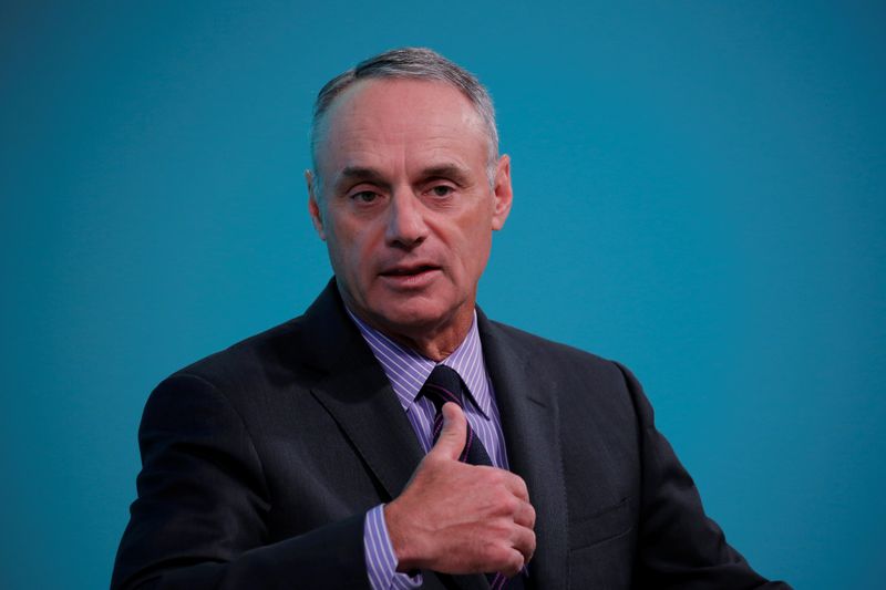 FILE PHOTO: Rob Manfred, commissioner of Major League Baseball, takes part in the Yahoo Finance All Markets Summit in New York