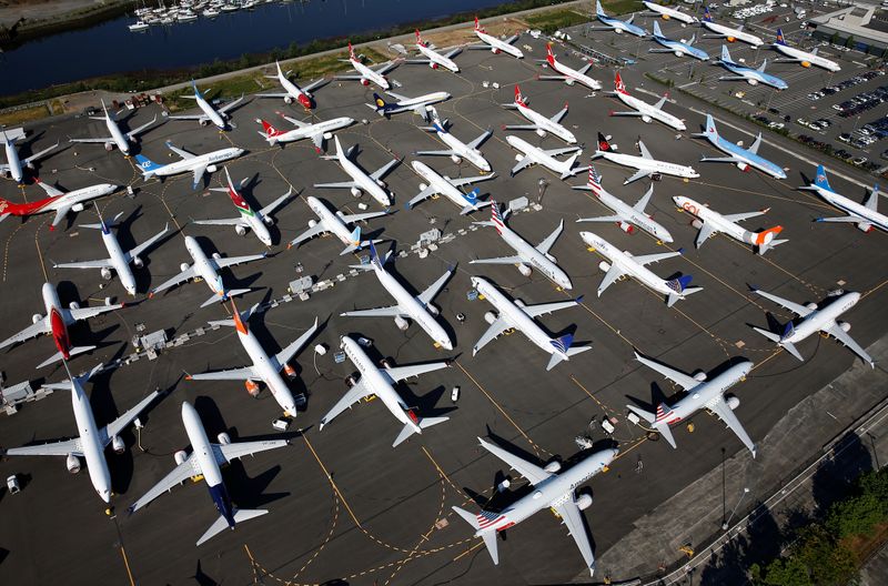 Dozens of grounded Boeing 737 MAX aircraft are seen parked at Boeing Field in Seattle