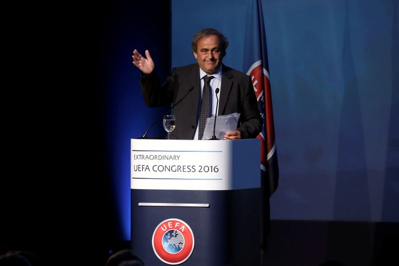 FILE PHOTO: Former UEFA President Michel Platini waves after his speech before the election of the new UEFA President in Athens
