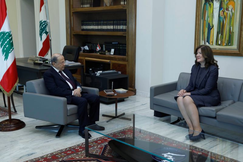Lebanon's President Michel Aoun meets with U.S. Ambassador to Lebanon Dorothy Shea at the presidential palace in Baabda