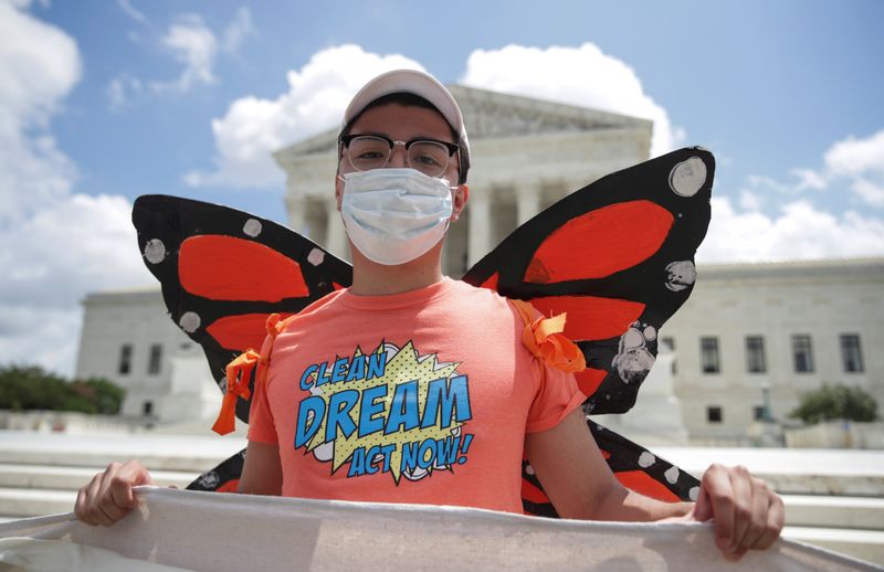 DACA recipients and supporters celebrate outside U.S. Supreme Court after the court ruled that U.S. President Trump's move to rescind the Deferred Action for Childhood Arrivals (DACA) program is illegal in Washington