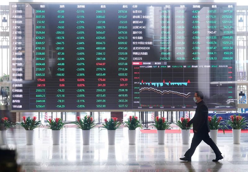 FILE PHOTO: Man wearing a face mask is seen inside the Shanghai Stock Exchange building, as the country is hit by a novel coronavirus outbreak, at the Pudong financial district in Shanghai