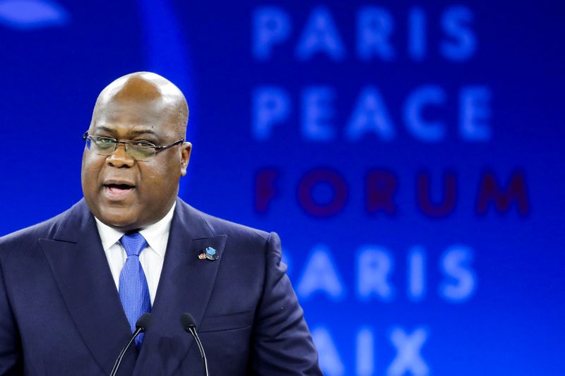 FILE PHOTO: President of the Democratic Republic of Congo (DRC) Felix Tshisekedi delivers a speech in Paris