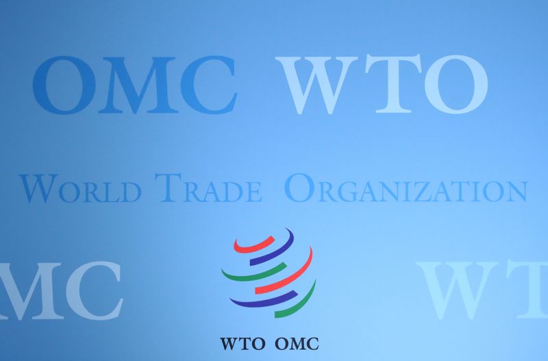 FILE PHOTO: The logo of the World Trade Organization (WTO) is pictured after a General Council meeting in Geneva