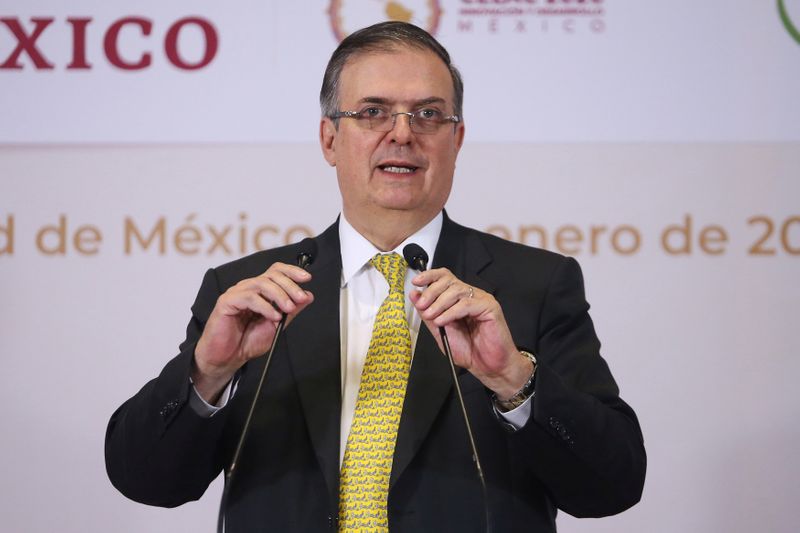 Mexico's Foreign Minister Marcelo Ebrard delivers a message to the media after taking on the PTP of the CELAC, in Mexico City