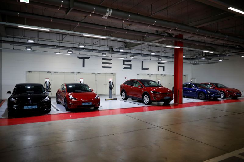Tesla electric vehicles for test driving are parked in Hanam