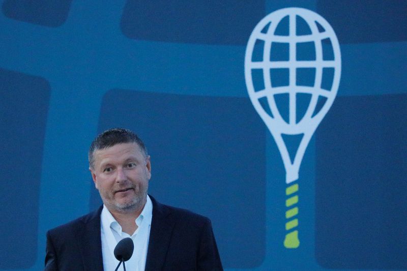 Yevgeny Kafelnikov of Russia speaks as he is inducted into the International Tennis Hall of Fame in Newport