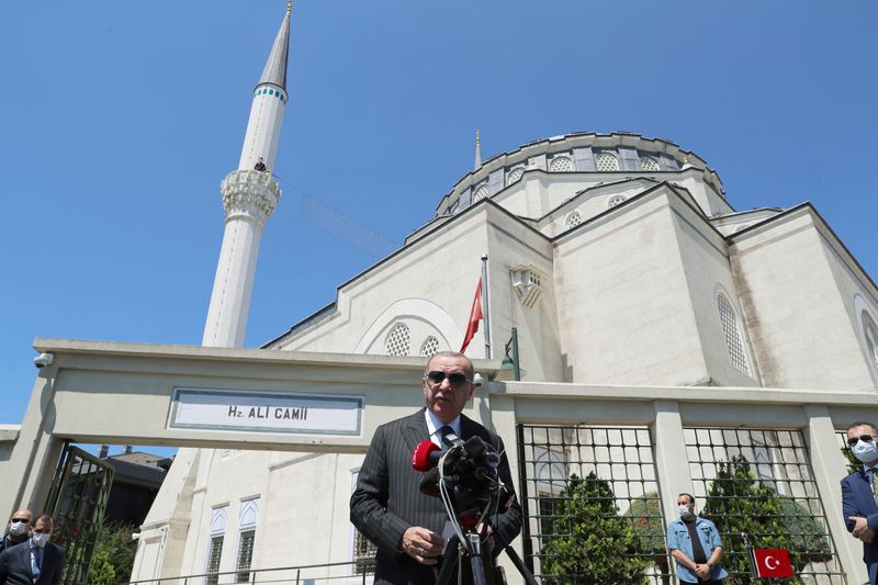 Turkish President Erdogan talks to media following the Friday prayers in Istanbul