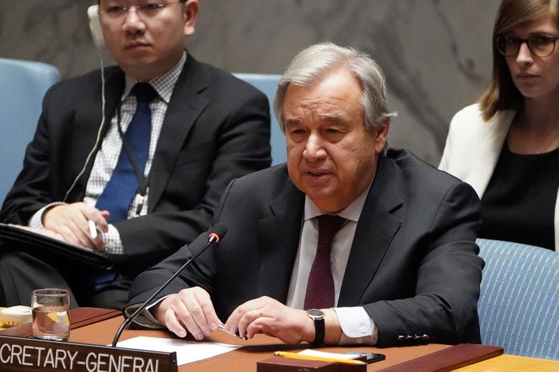 Secretary General of UN Guterres speaks during a Security Council meeting about the situation in Syria at UN Headquarters in New York City