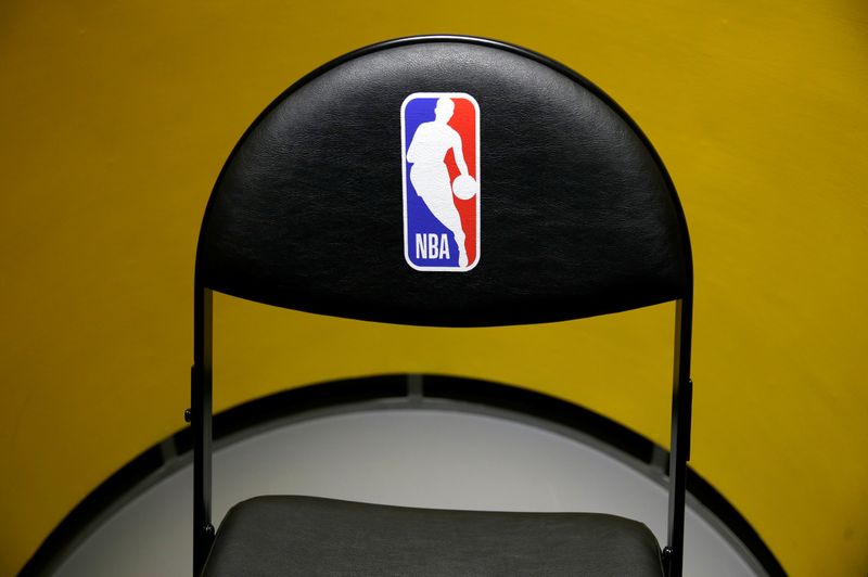 An NBA logo is seen on a chair at an NBA exhibition in Beijing