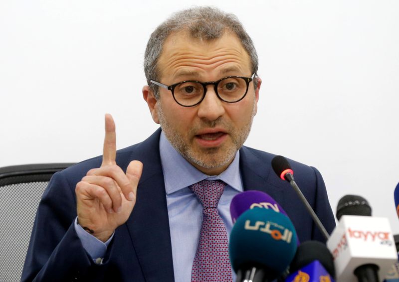 Lebanon's caretaker Foreign Minister Gebran Bassil gestures as he speaks during a news conference in Beirut