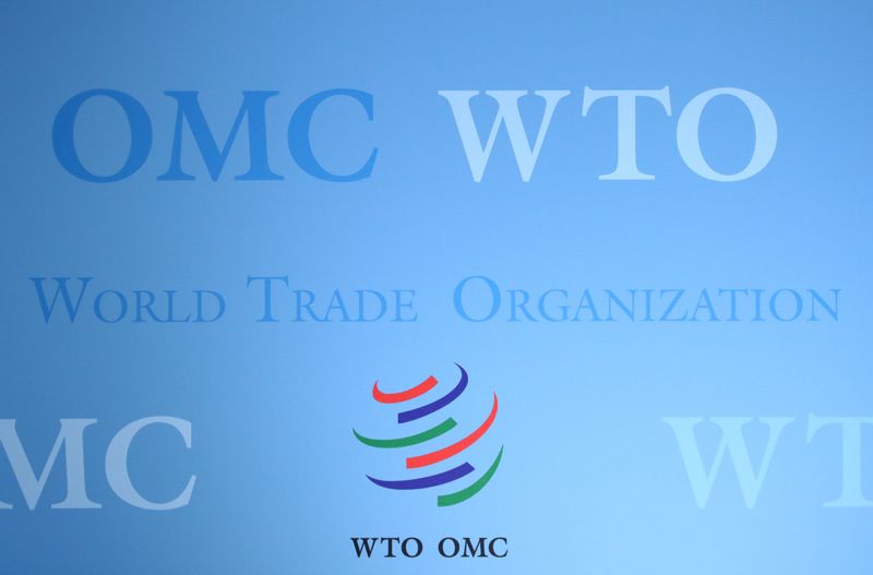 The logo of the World Trade Organization (WTO) is pictured ahead of a news conference in Geneva