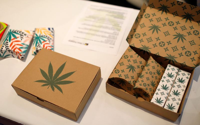 Cannabis product boxes are displayed at The Cannabis World Congress & Business Exposition (CWCBExpo) trade show in New York