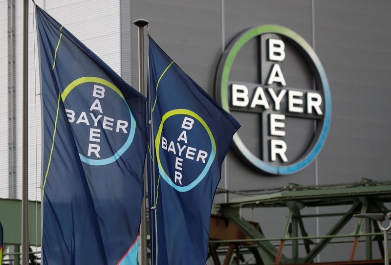 FILE PHOTO: Logo and flags of Bayer AG are pictured outside a plant in Wuppertal, Germany