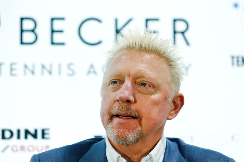 FILE PHOTO: Three-times Wimbledon champion Becker attends a news conference in Wiesbaden