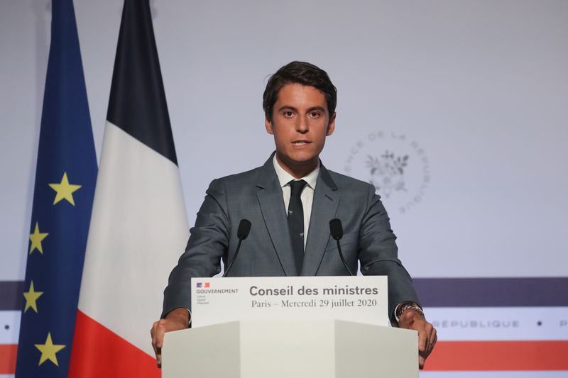 French Government's spokesperson Gabriel Attal delivers a speech after the weekly cabinet meeting at the Elysee Palace in Paris