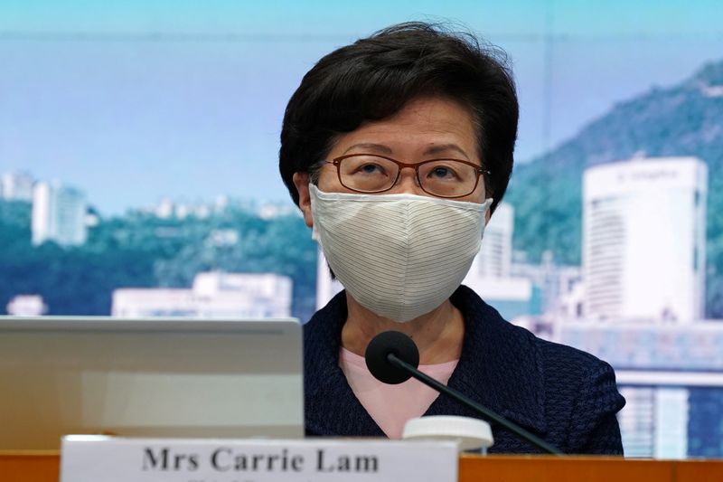 Hong Kong Chief Executive Carrie Lam, wearing a face mask following the coronavirus disease (COVID-19) outbreak, attends a news conference in Hong Kong