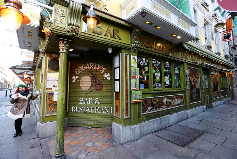 FILE PHOTO: Pub doors are locked in the Temple Bar area, as bars across Ireland close voluntarily to curb the spread of coronavirus in Dublin