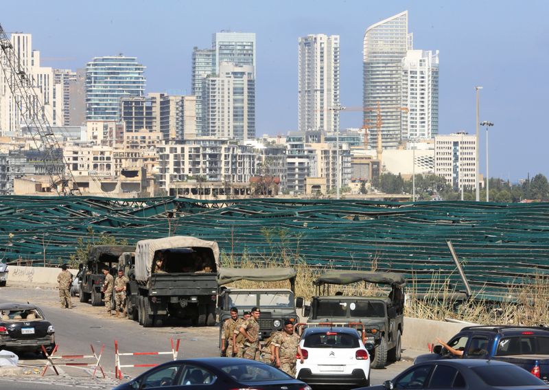 Lebanese soldiers are seen near the site of Tuesday's blast in Beirut's port area