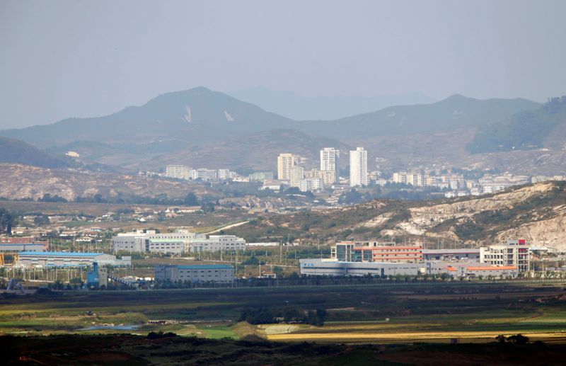 FILE PHOTO: Kaesong city is seen behind the inter-Korean Kaesong Industrial Complex, across the DMZ separating North Korea from South Korea in this picture taken from Dora observatory in Paju