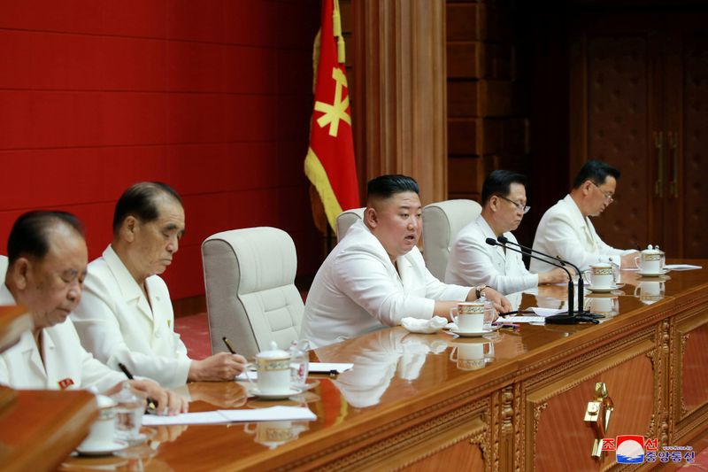 North Korean leader Kim Jong Un addresses a plenary meeting of the Central Committee of the Workers' Party of Korea in North Korea