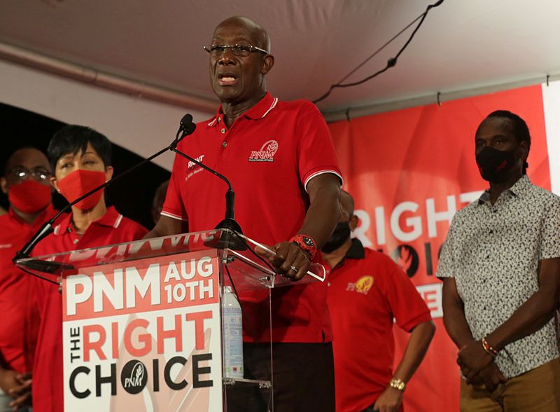 FILE PHOTO: Trinidad and Tobago Prime Minister Keith Rowley addresses the audience while claiming victory for his ruling party in a general election in Port of Spain