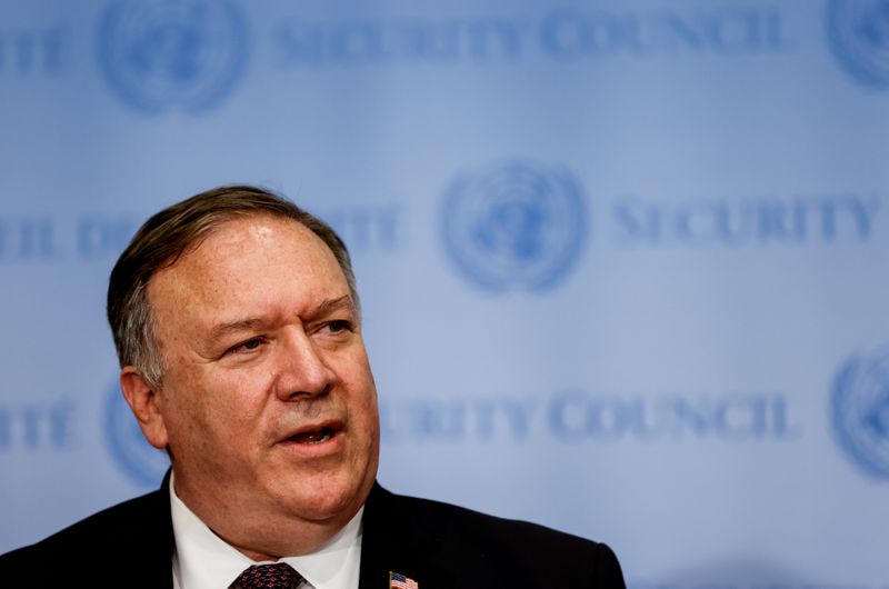 U.S. Secretary of State Mike Pompeo visits United Nations to submit complaint to Security Council calling for restoration of sanctions against Iran at U.N. headquarters in New York