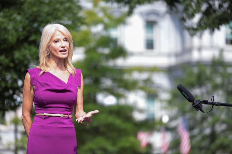 White House adviser Kellyanne Conway speaks to reporters at the White House in Washington