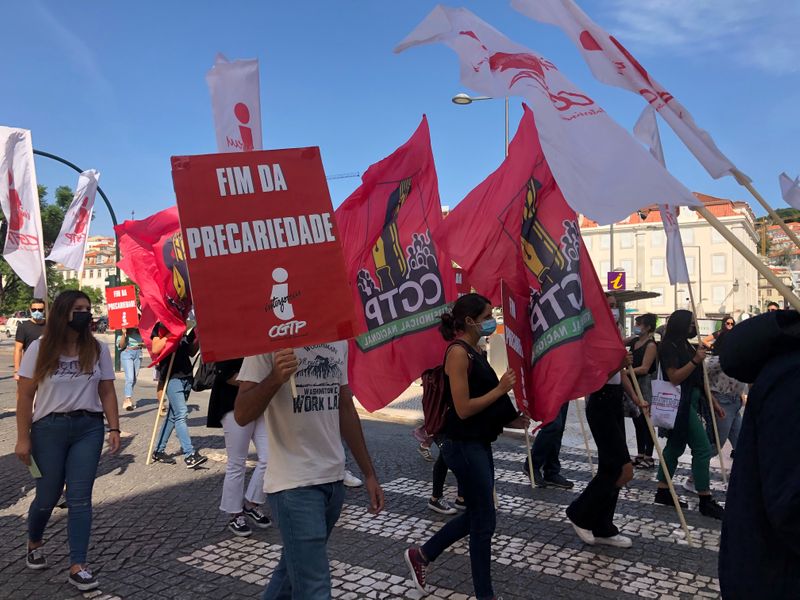 Workers protest to demand higher wages amid the coronavirus disease (COVID-19) pandemic, in Lisbon