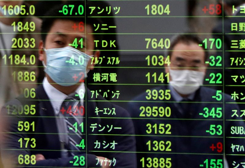 Passersby wearing protective face masks are reflected on a screen displaying stock prices outside a brokerage in Tokyo